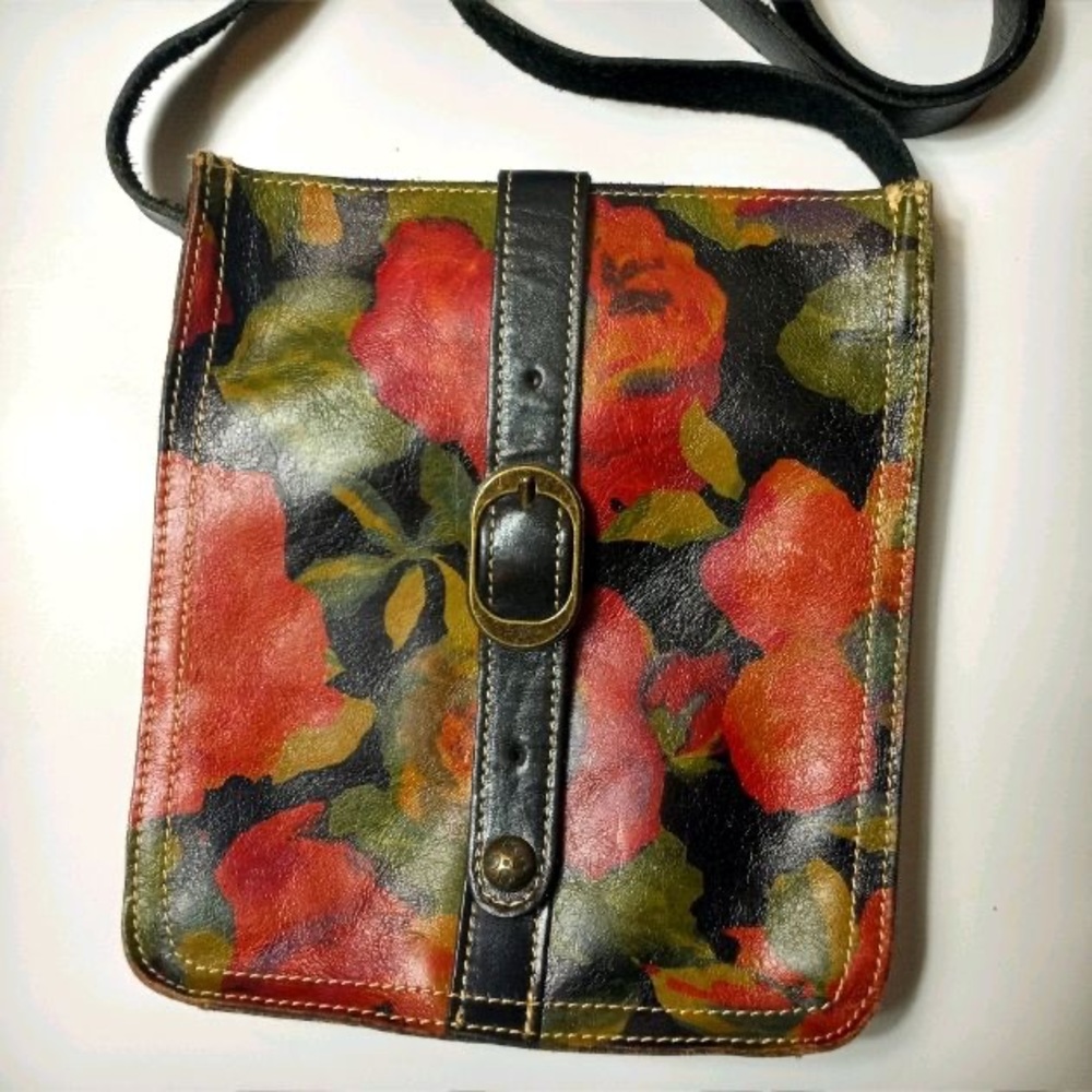 Patricia Nash Venezia Pouch rose floral print zip purse slim crossbody bag EUC